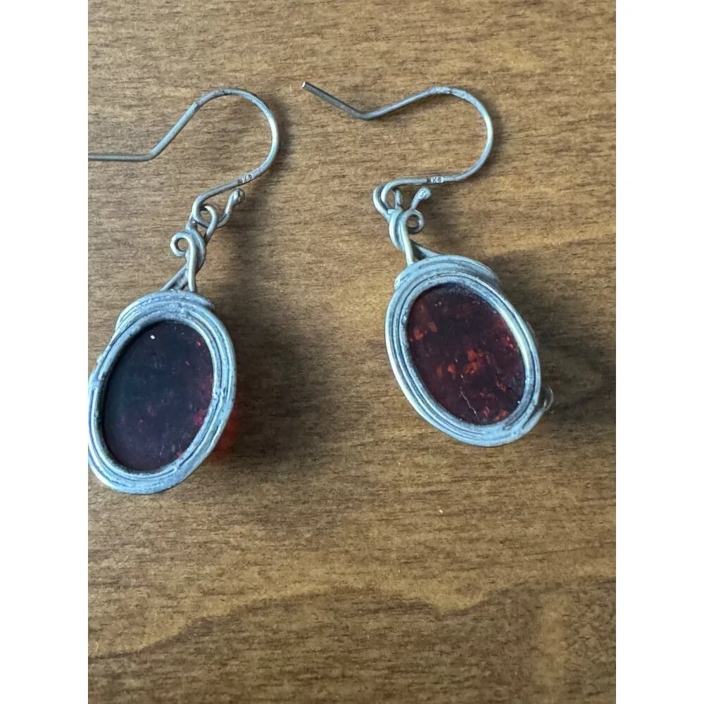 Elegant Vintage Amber & Sterling Silver Earrings Dangle Hook - Picture 2 of 5